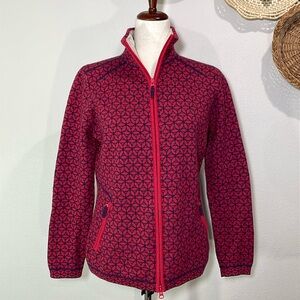 L.L.Bean 100% Merino Wool Full Zip Jacket Geometric Pink Purple Size Large Reg